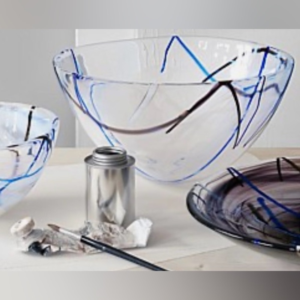 KOSTA BODA LARGE Abstract Glass Bowl with Blue and Black Accents